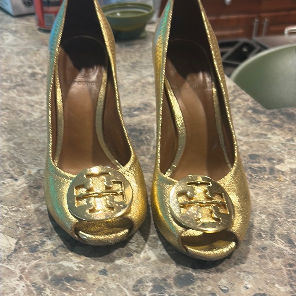 Tory Burch Metallic Gold Peep-Toe Heels